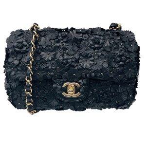 CHANEL BLACK CAMELLIA FLOWER APPLIQUE LEATHER AND CRYSTAL HANDBAG